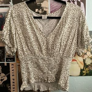 FLORAL WHITE & OLIVE GREEN BLOUSE (SIZE MEDIUM)